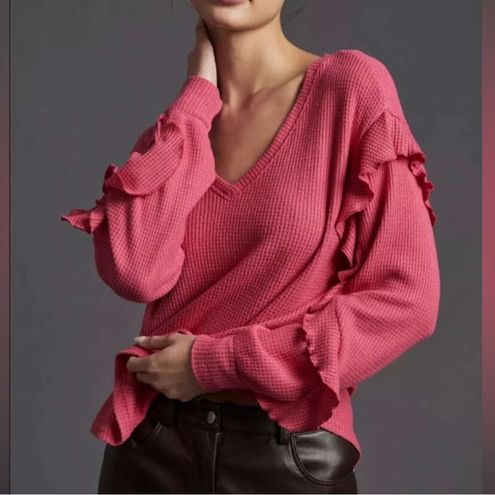 Anthropologie Pilcro Hot Pink Waffle Knit V Neck Ruffled Long Sleeve Top M